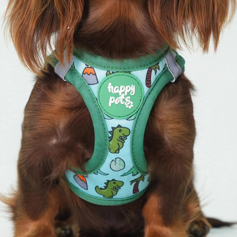 Detalle del Arnés Dino Happy Pets puesto en el pecho de un perro salchicha