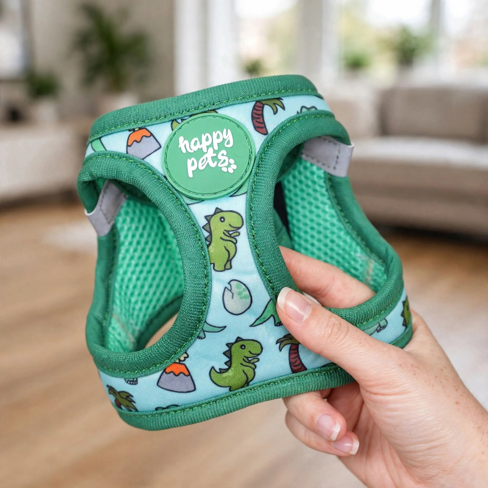 Arnés Dino Happy Pets en la mano, con malla transpirable y bandas reflectantes