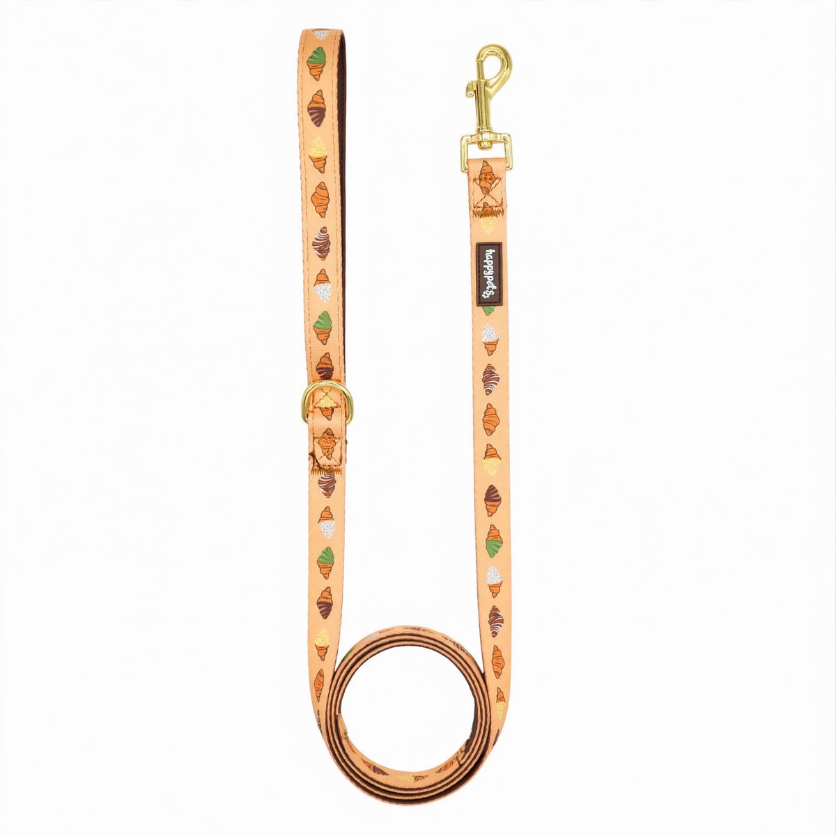 Correa para perro Croissant Happy Pets, melocotón con estampado de croissants y herrajes dorados