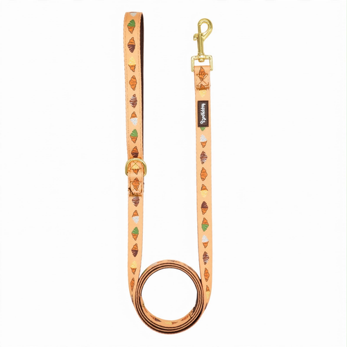 Correa para perro Croissant Happy Pets, melocotón con estampado de croissants y herrajes dorados
