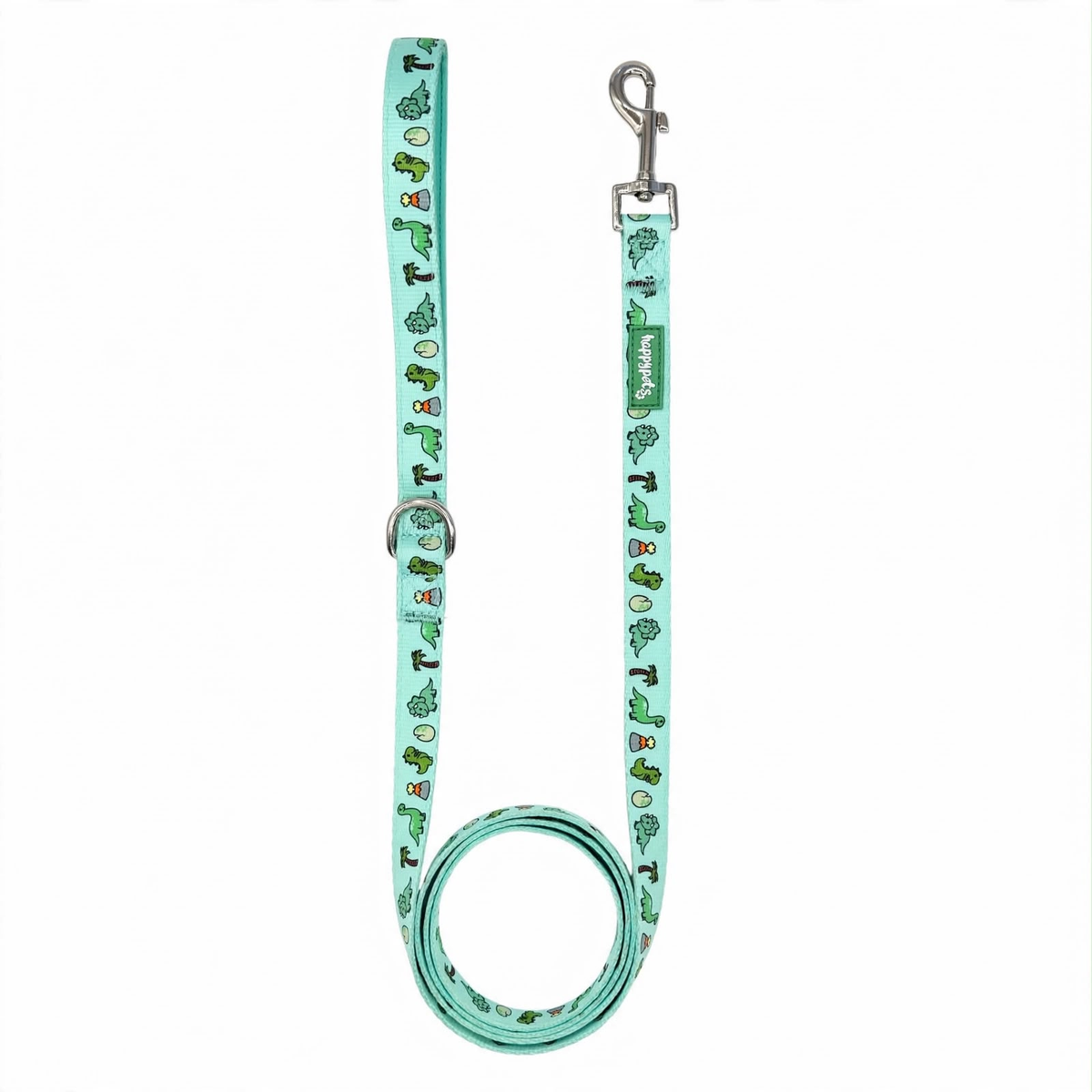 Correa para perro Dino Happy Pets, verde menta con estampado de dinosaurios